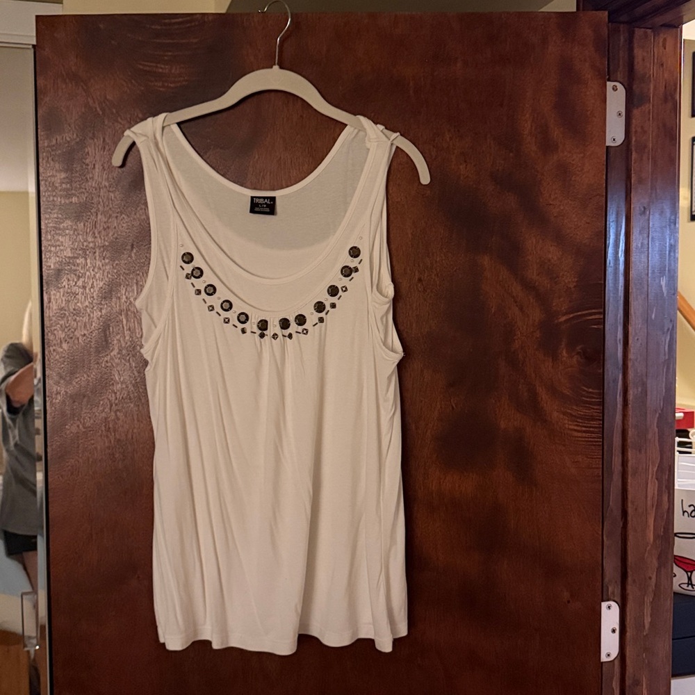 Tribal White Sleeveless Top with Black Accents
